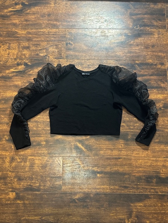 Zara Tops - 🖤 Zara Black Cropped Knit Top w/ Dramatic Organza Puff Sleeves ✨ Baddie Vibes